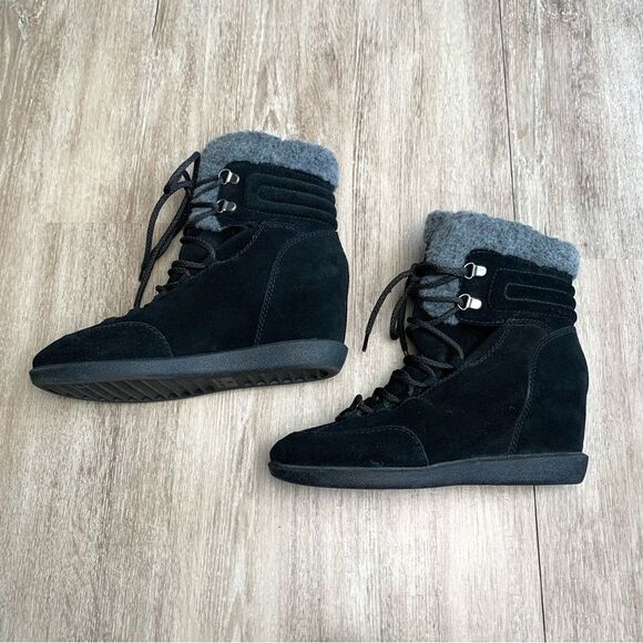 Nine West Growler Black Leather Suede Fur Wedge Boots - Picture 4 of 7